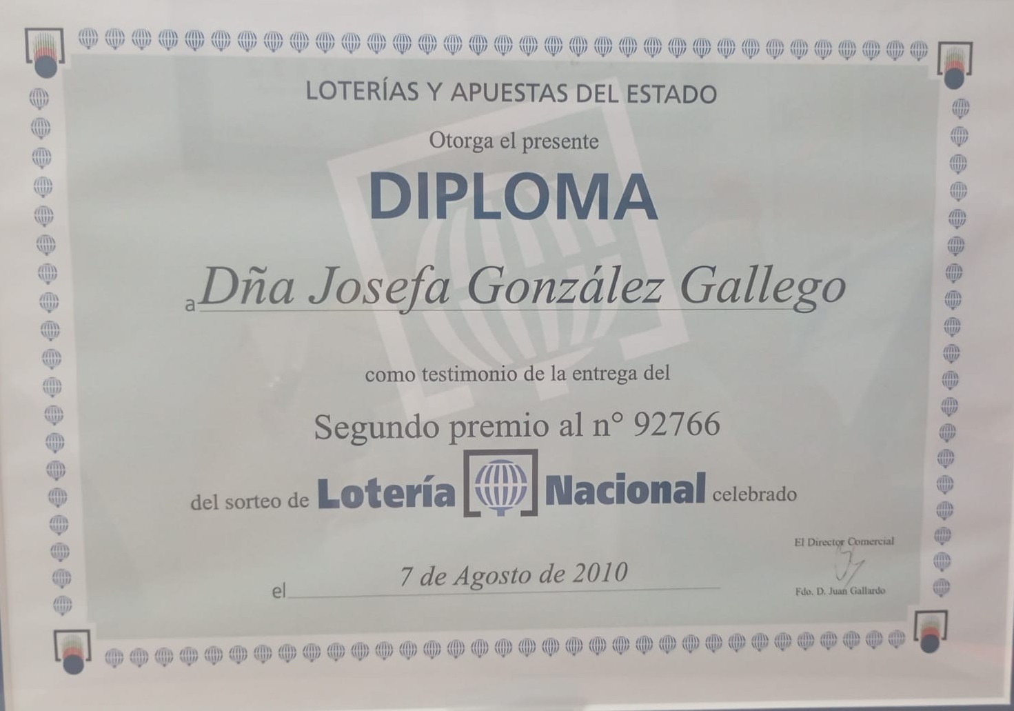 Certificado de premio del 7 de agosto de 2010